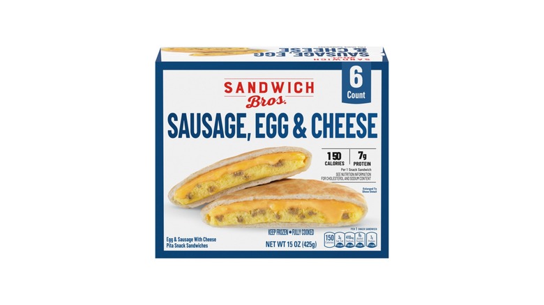 Box of Sandwich Bros. sausage, egg and cheese pita sandwiches on a white background