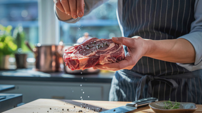 Person's hands seasoning a thick ribeye steak with coarse salt