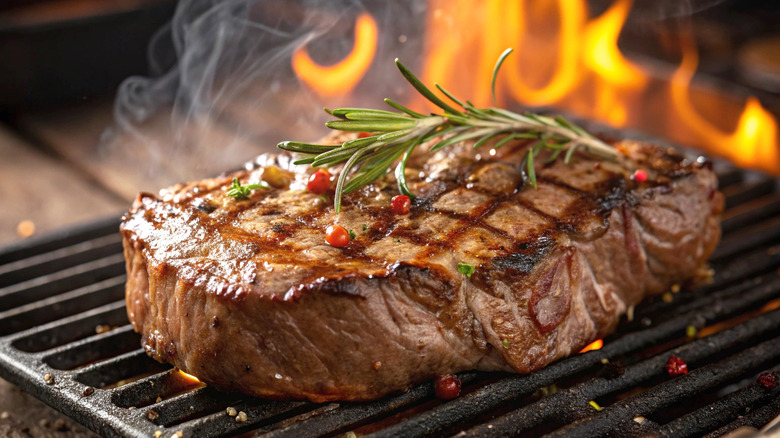 Ribeye cooking over high heat