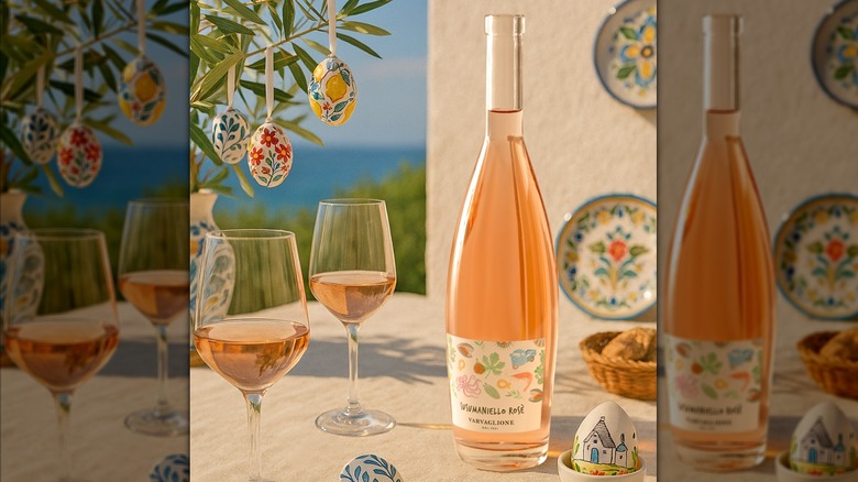 Bottle of Varvaglione Susumaniello 1921 Rose with Easter eggs.