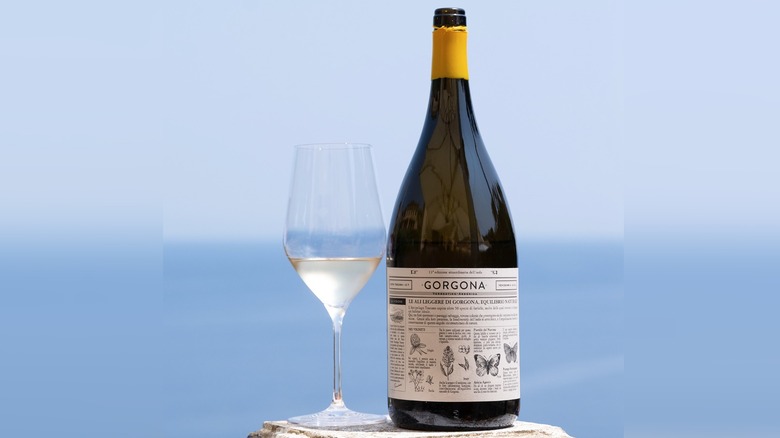 Bottle of Gorgona Bianco 2024 with glass
