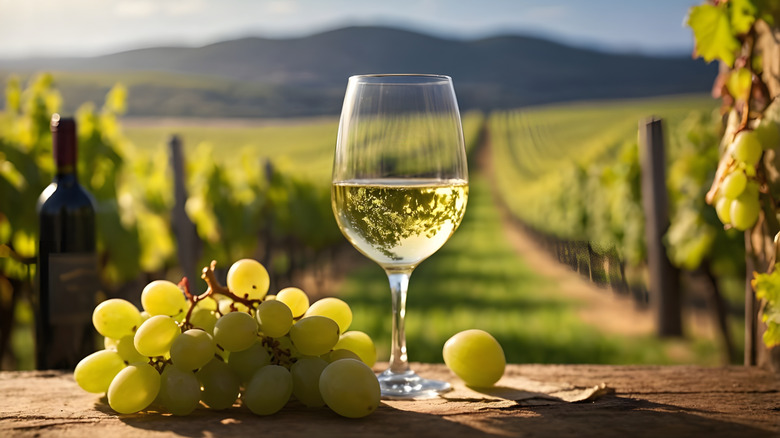 Grapes and glass of white wine with vineyard background.