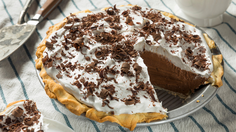 French silk pie with slice missing