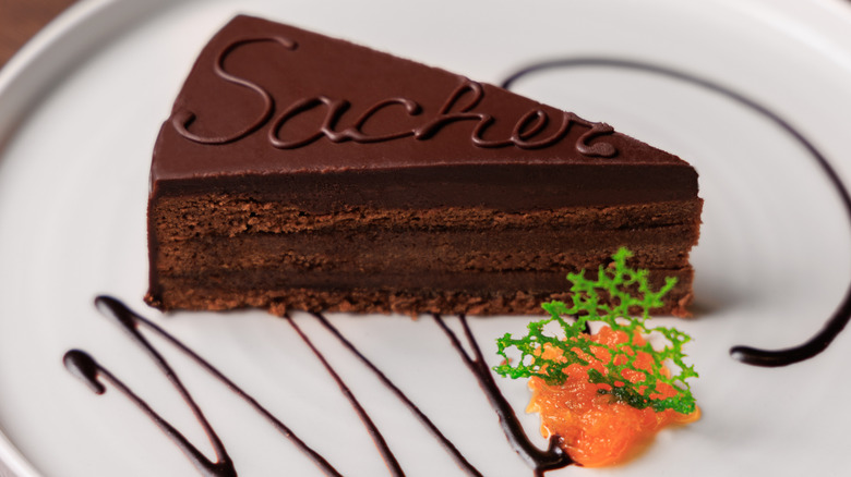 slice of Sacher torte on plate