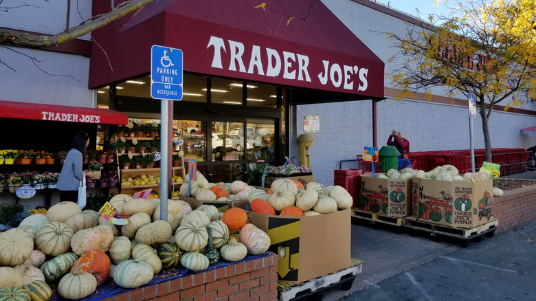 Exterior of Trader Joe's store with pumpkins