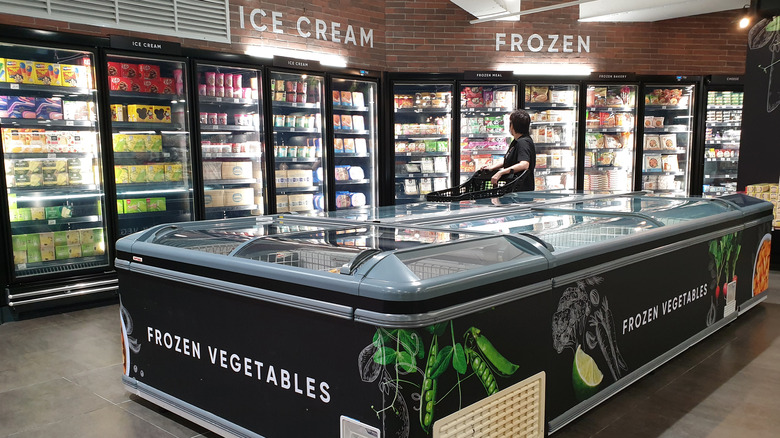 Frozen food section in grocery store