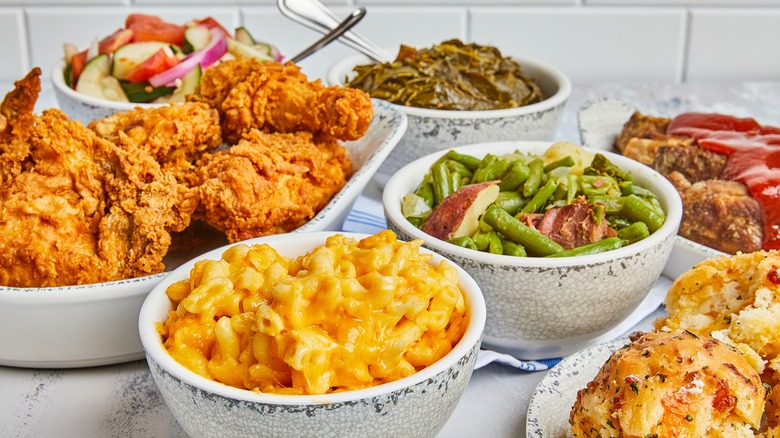 fried chicken, macaroni and cheese, cheddar biscuits, green beans, meatloaf, collards, poppy seed salad