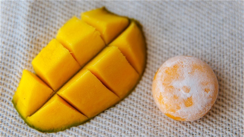 Mango mochi and cut mango fruit