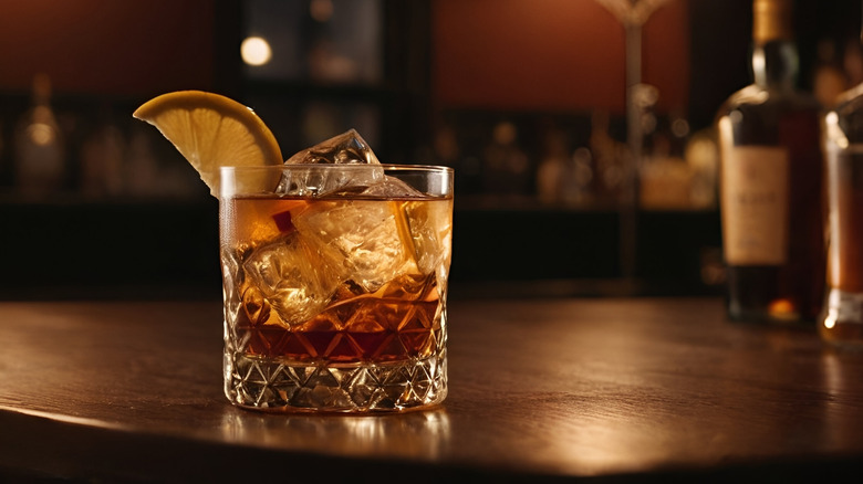 An Old Fashioned on wooden bartop