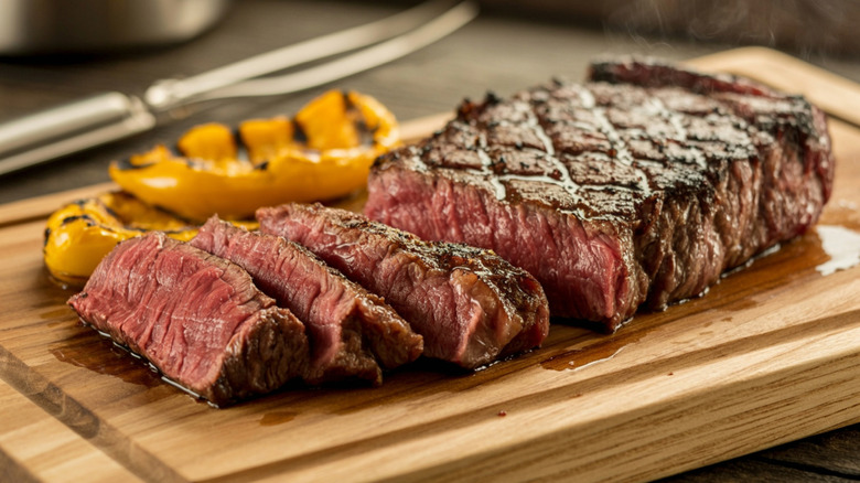 Rare steak on cutting board