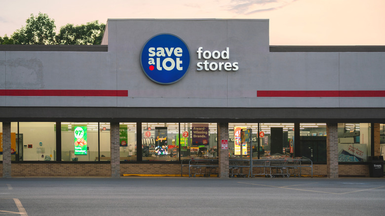 The outside of a Save-A-Lot food stores building right after sunset