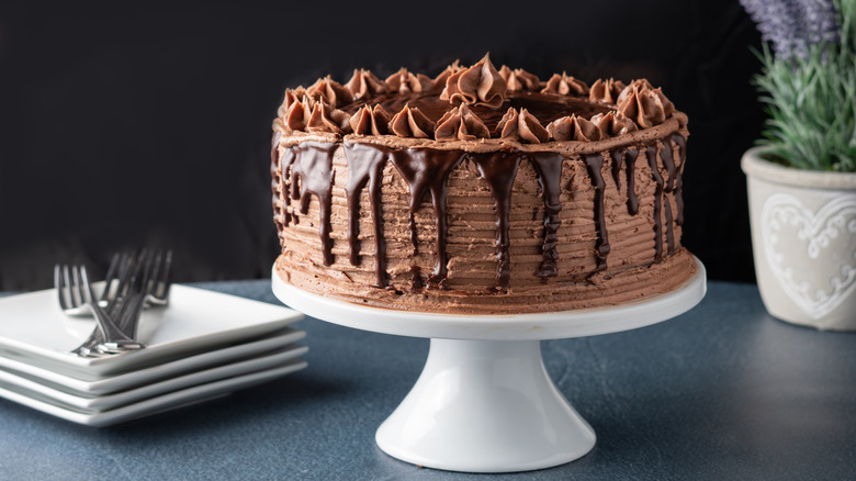 chocolate cake on cake stand