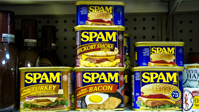 Stacked Spam on shelf