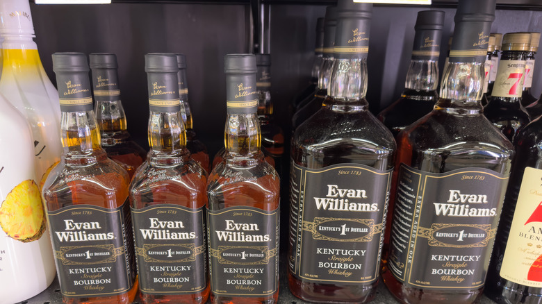 Evan Williams whiskey bottles on supermarket shelves