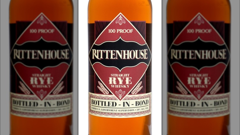 Closeup of Rittenhouse bottled-in-bond label rye whiskey