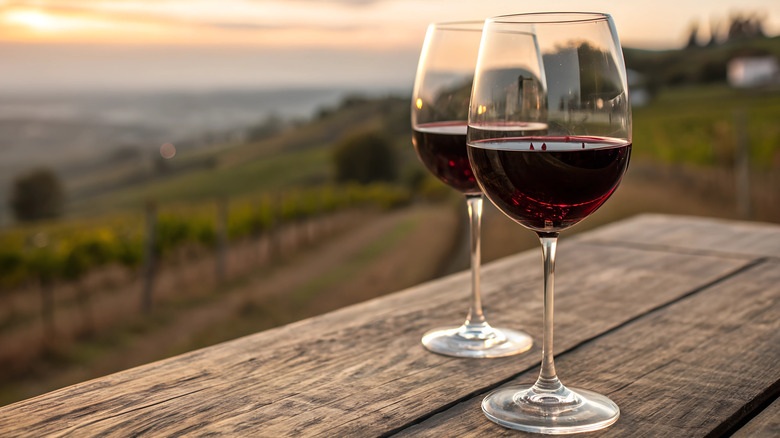 Two glasses of red wine on a wood table overlooking a vineyard