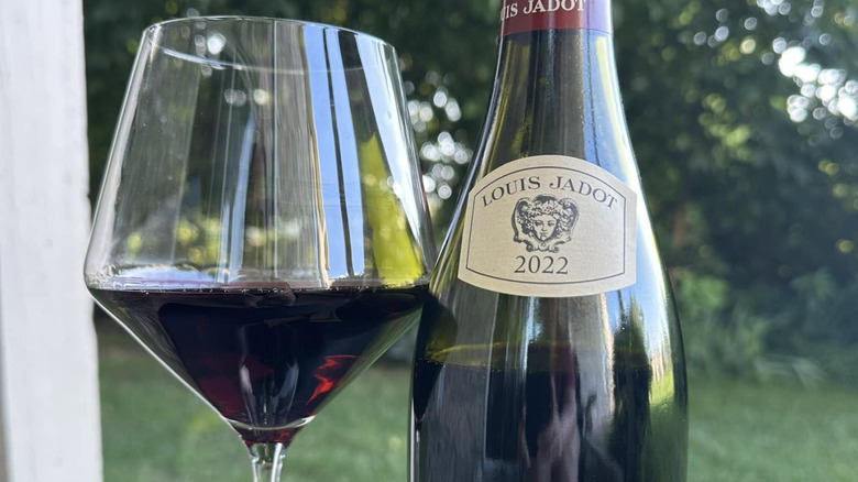 Close up of glass of Louis Jadot with bottle next to it