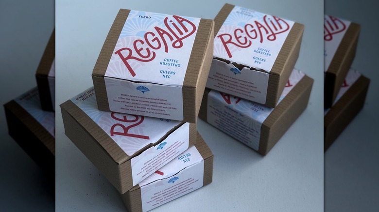 Stack of boxes of Regalia Coffee