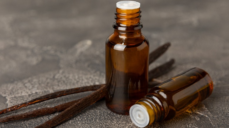 Vanilla bean pods and glass bottles
