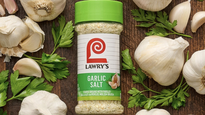 Jar of Lawry's garlic salt with garlic and herbs