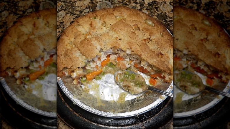 Costco's chicken pot pie on a tray in oven