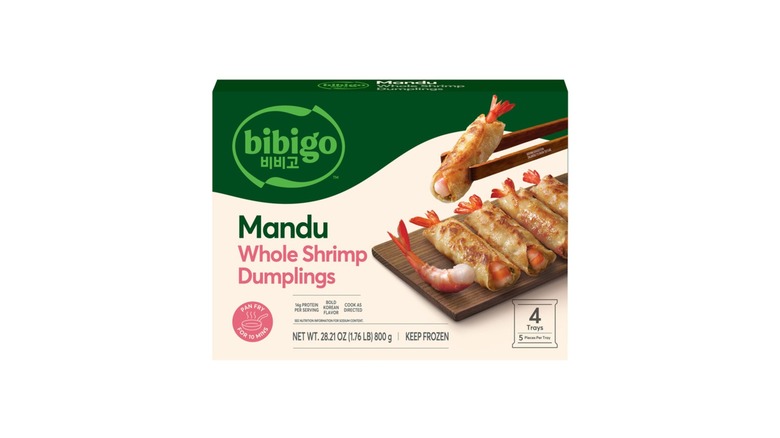 Product image of box of Bibigo shrimp mandu on a white background