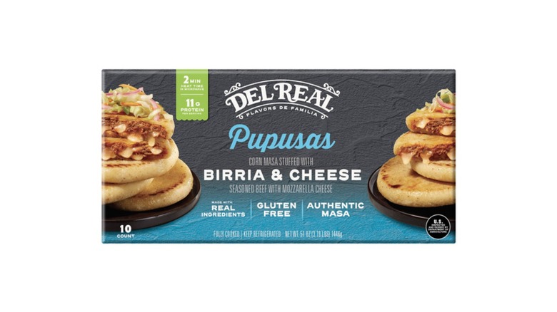 Box of Del Real birria and cheese pupusas on a white background