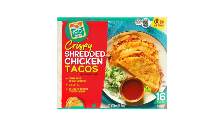 Product image of box of Don Lee Farms crispy chicken tacos on a white background