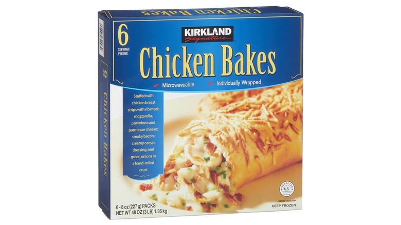 Product image of box of Kirkland Signature frozen chicken bakes on a white background