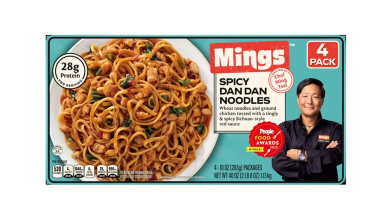 Product image box of Mings spicy dan dan noodles on a white background