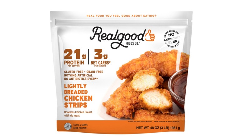 Product image of bag of Real Good Foods breaded chicken strips on a white background