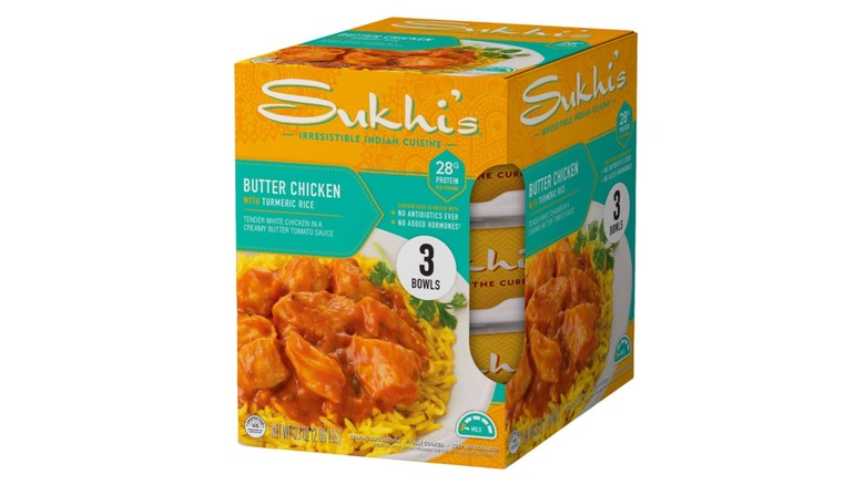 product image of box of Sukhi's butter chicken bowls on a white background