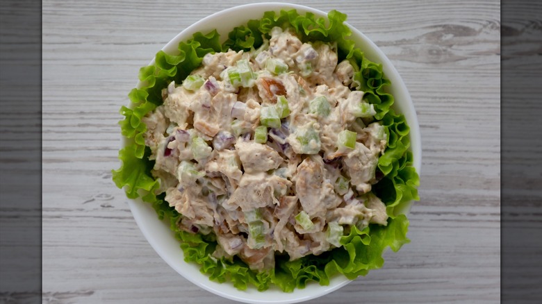 Top view of bowl of chicken salad