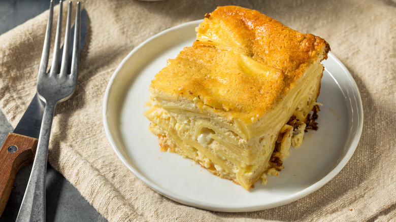 Piece of noodle kugel on plate