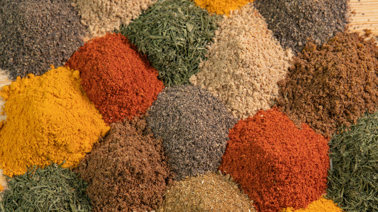 Colorful piles of dried spices