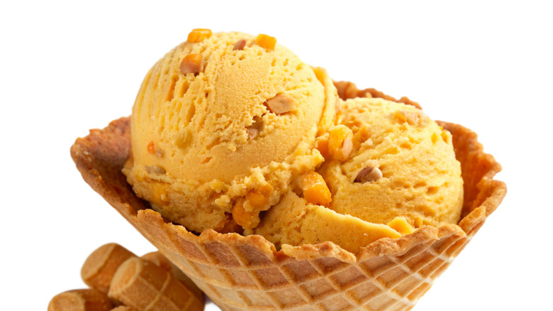 Butterscotch ice cream in a waffle bowl