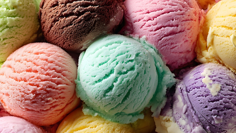 Colorful scoops of various ice cream flavors