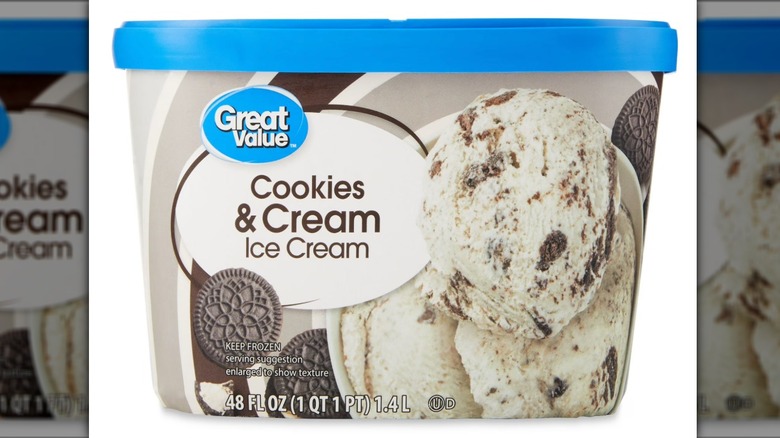 Tub of cookies and cream Great Value ice cream