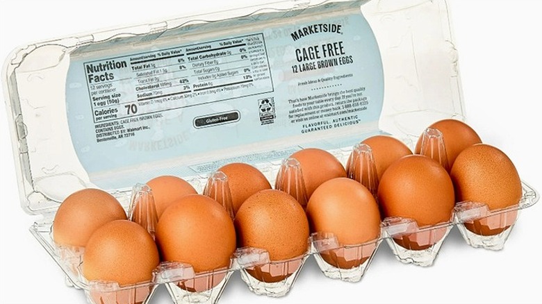 Plastic carton of 12 large cage-free brown eggs from Walmart
