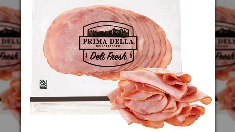 Slices of Prima Della black forest ham from Walmart displayed in a plastic bag