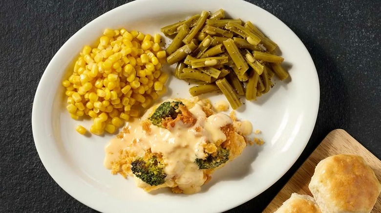Cracker Barrel Oven-Baked Broccoli Cheddar Chicken with corn, green beans, and biscuits