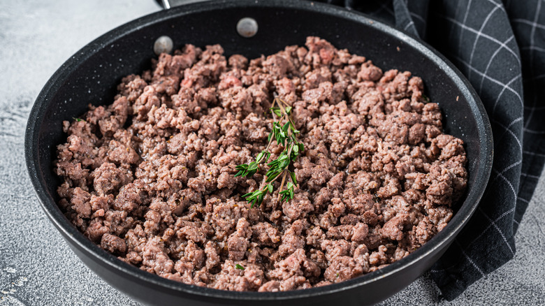 pan of browned ground lamb
