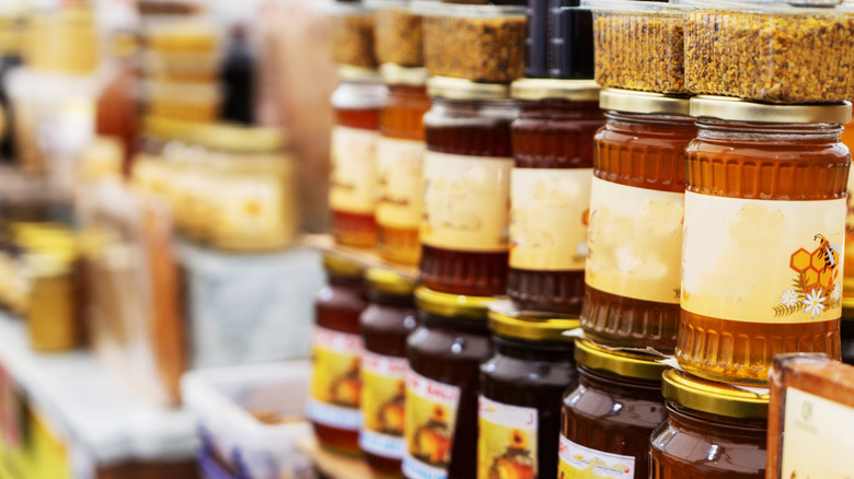 Different types of honey in jars