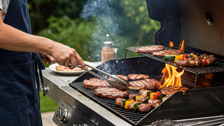 Person in apron standing at gas grill