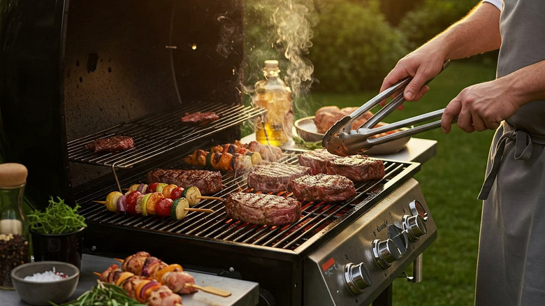 Person holding tongs with grill lid open and multiple items on the grill