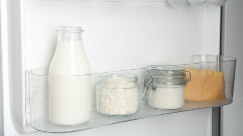 Cottage cheese and other dairy products in fridge door