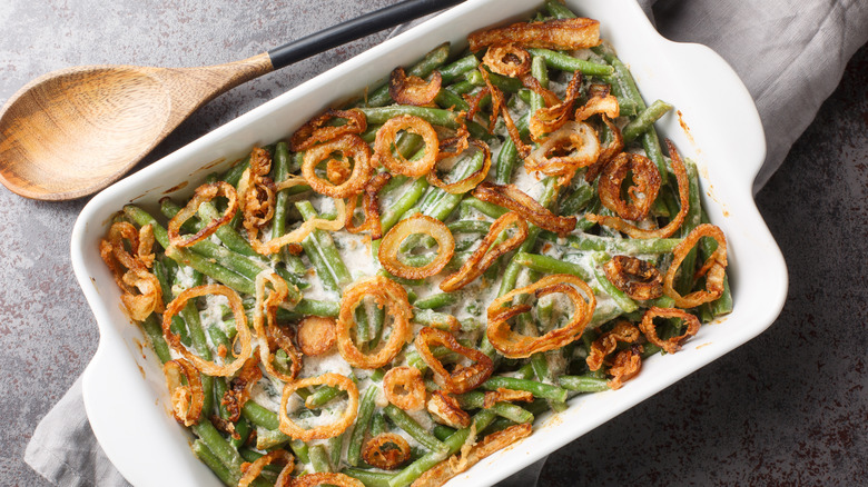 Top view of green bean casserole with crispy shallots