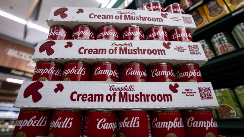 Stack of cream of mushroom soup in grocery store