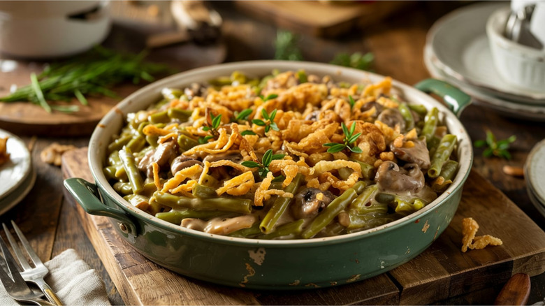 Green bean casserole in ceramic dish