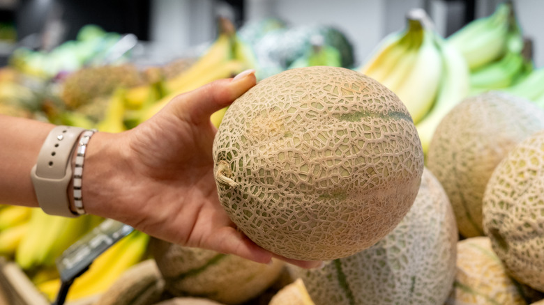 hand squeezing cantaloupe at store